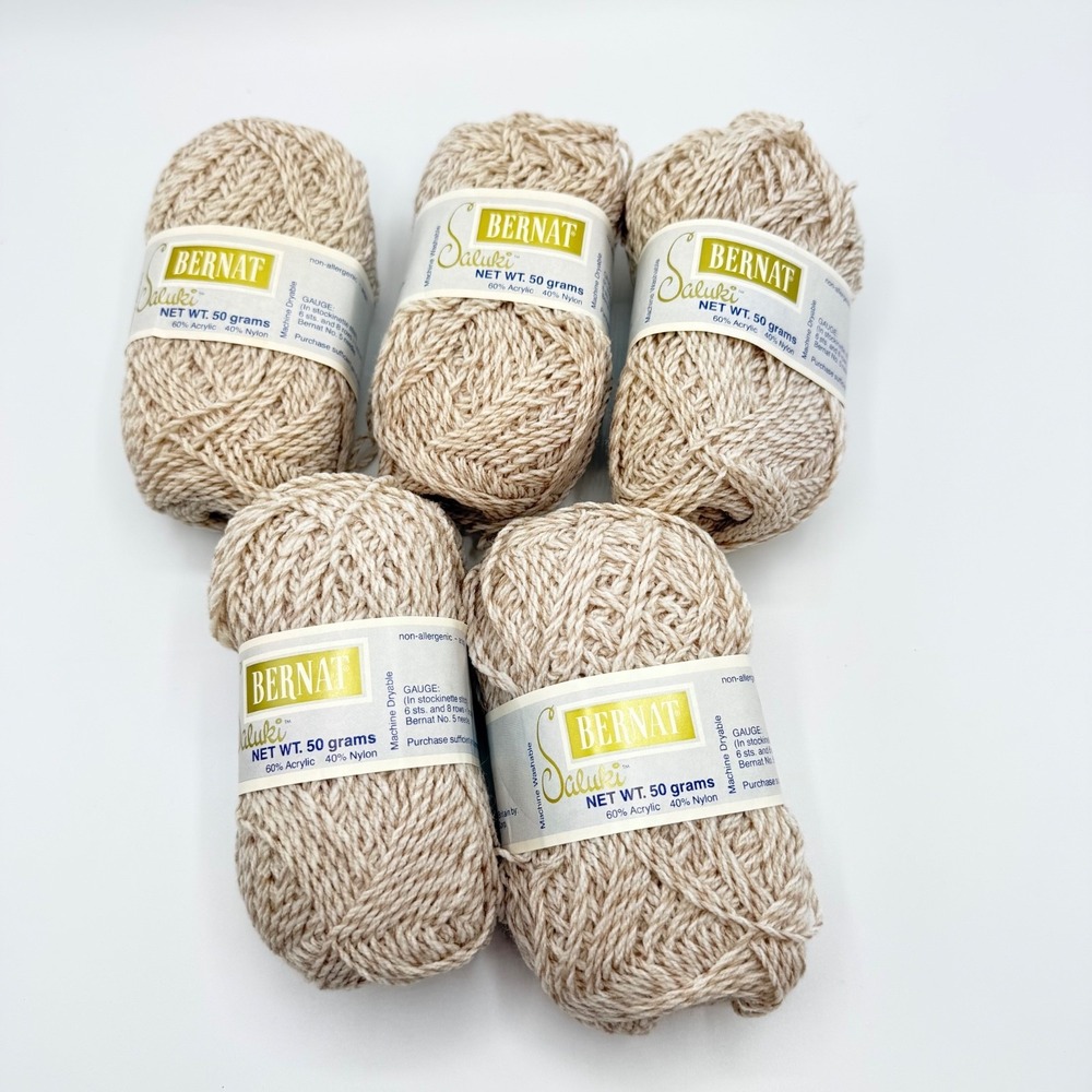 5 Bernat Saluki 60/40 Acrylic/Nylon Yarn Skeins 50 g Flax Lot B5 Tan/White Mix